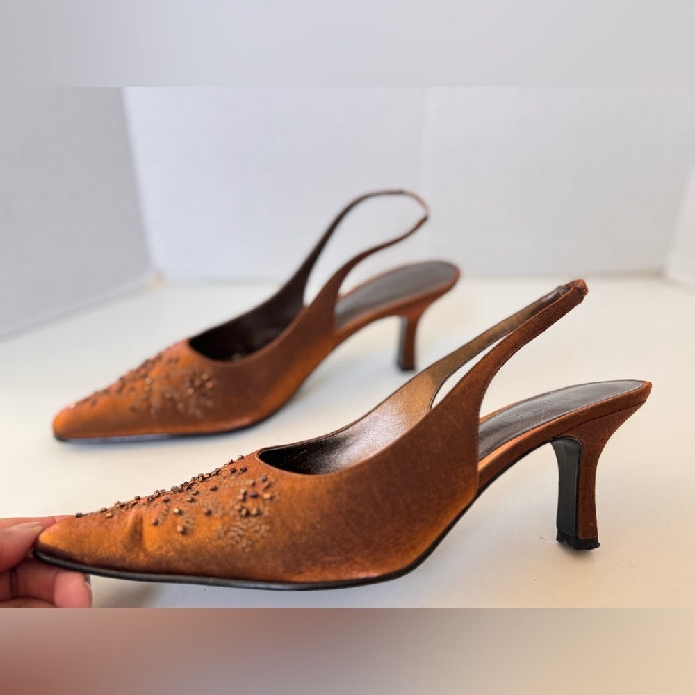 Vintage Y2K Metaphor Beaded Metallic Bronze Slingback Heels Shoes Size 8.5 *Flaw